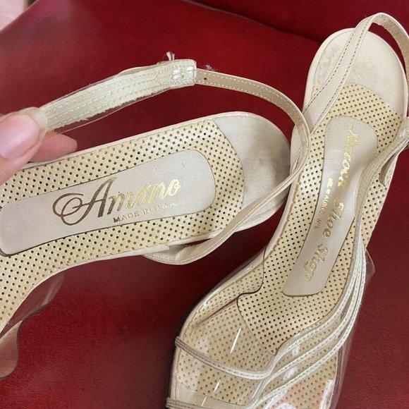 Vintage AMANO Clear Peep Toe Sling Back Heels 1960's Cream Leather Shoes Womens - Picture 5 of 6
